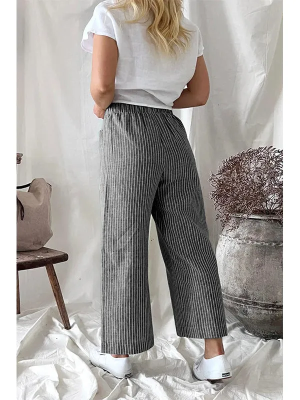 Women's Stripe Elastic Waist Casual Comfy Wide Leg Pants