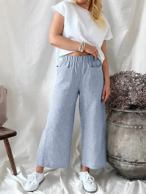 Women's Stripe Elastic Waist Casual Comfy Wide Leg Pants