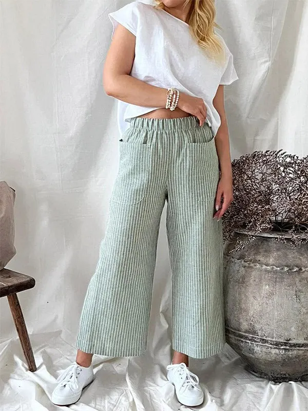 Women's Stripe Elastic Waist Casual Comfy Wide Leg Pants