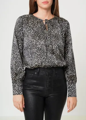 Women's Tie-neck Long Sleeve Bodysuit in Black Leopard