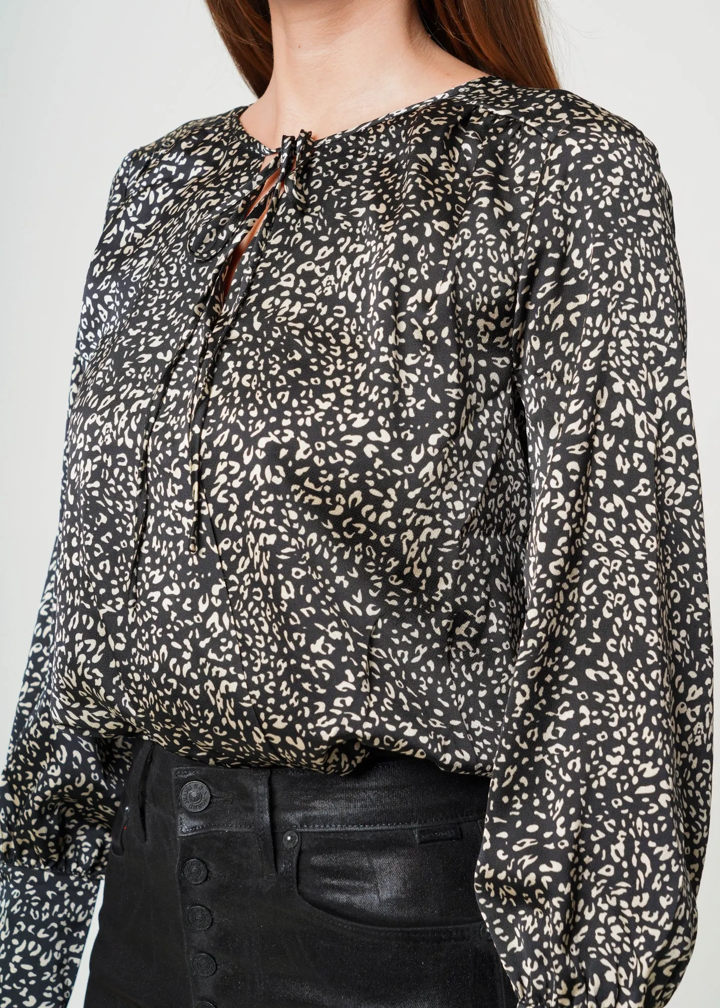 Women's Tie-neck Long Sleeve Bodysuit in Black Leopard