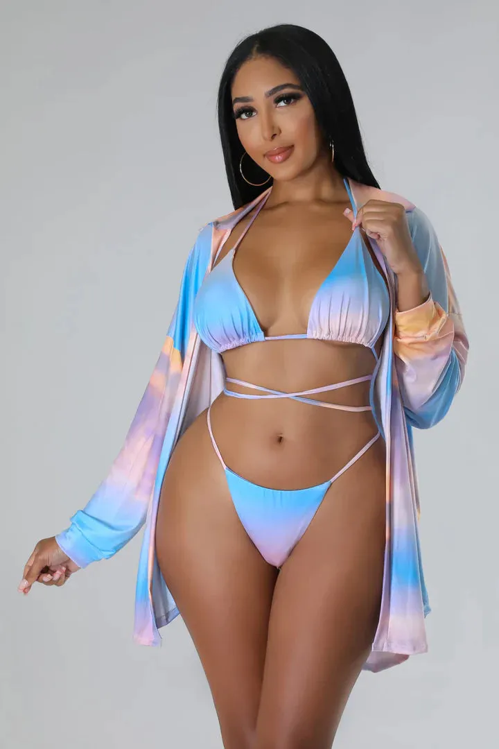 Women's Timeless Beauty Bikini Cardigan Baby Blue Three Piece Set