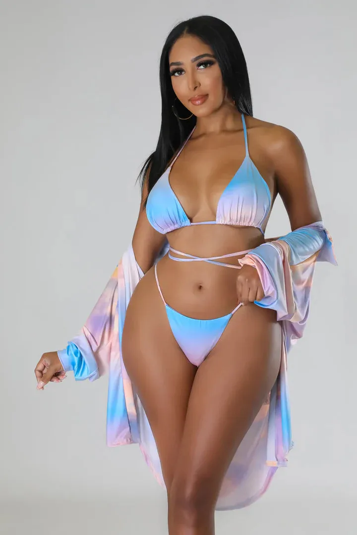 Women's Timeless Beauty Bikini Cardigan Baby Blue Three Piece Set