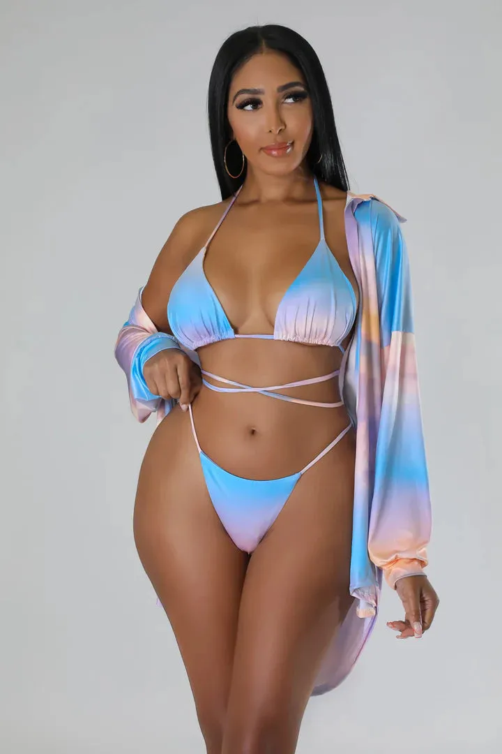 Women's Timeless Beauty Bikini Cardigan Baby Blue Three Piece Set