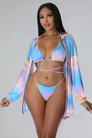 Women's Timeless Beauty Bikini Cardigan Baby Blue Three Piece Set