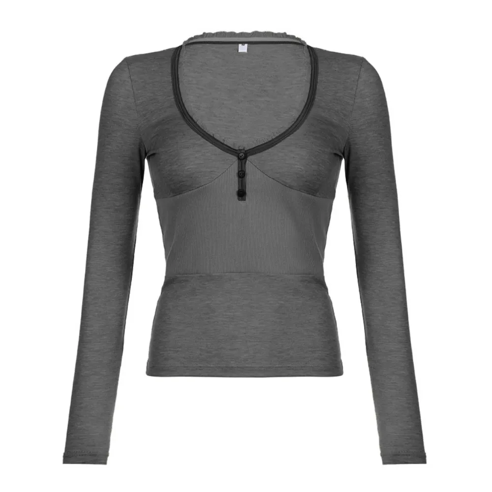 Women's V Neck Low Cut Long Sleeve