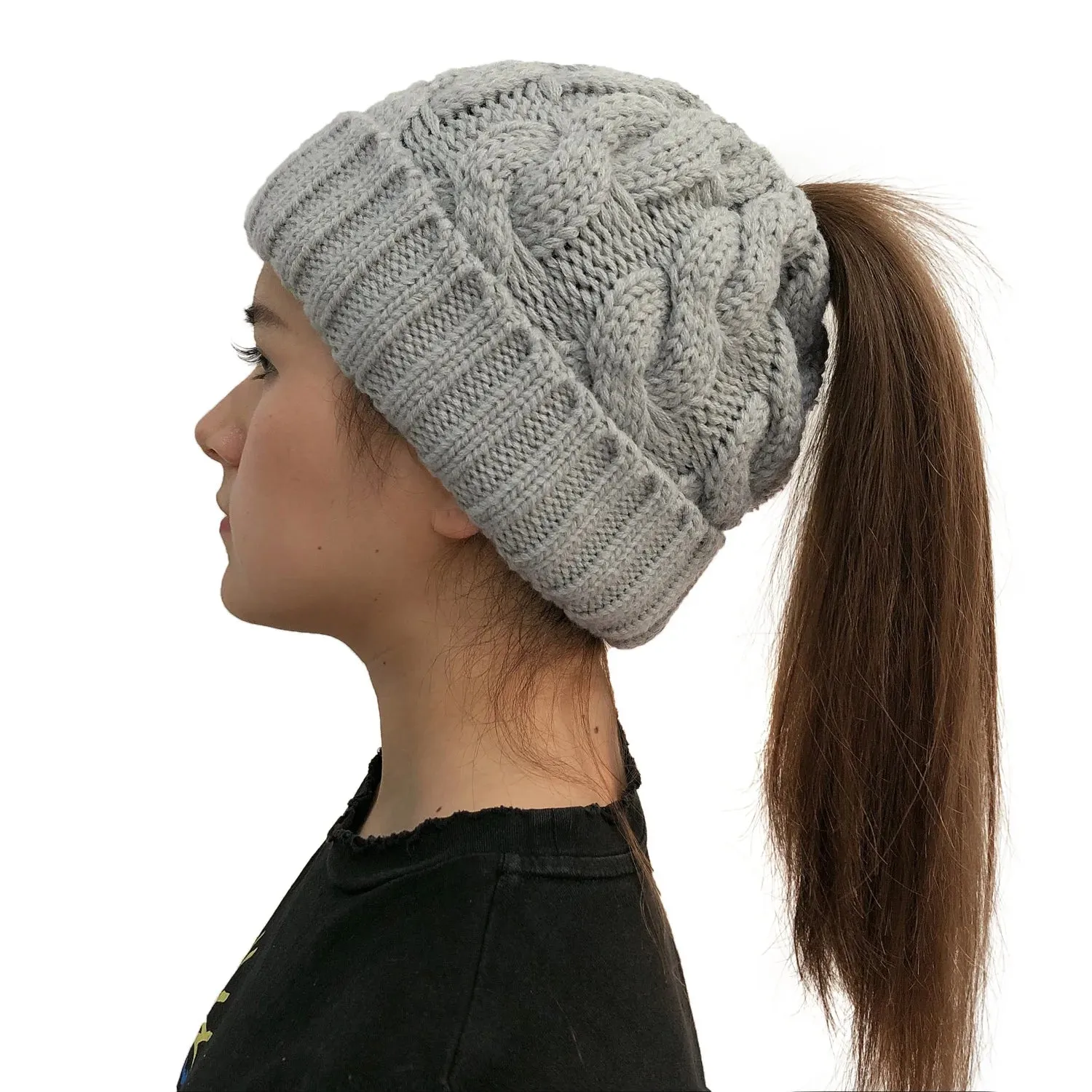 Women's Winter Knitted Beanie with Pompom - Twist Crochet Design, Ear Braid, Ponytail Opening