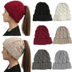 Women's Winter Knitted Beanie with Pompom - Twist Crochet Design, Ear Braid, Ponytail Opening