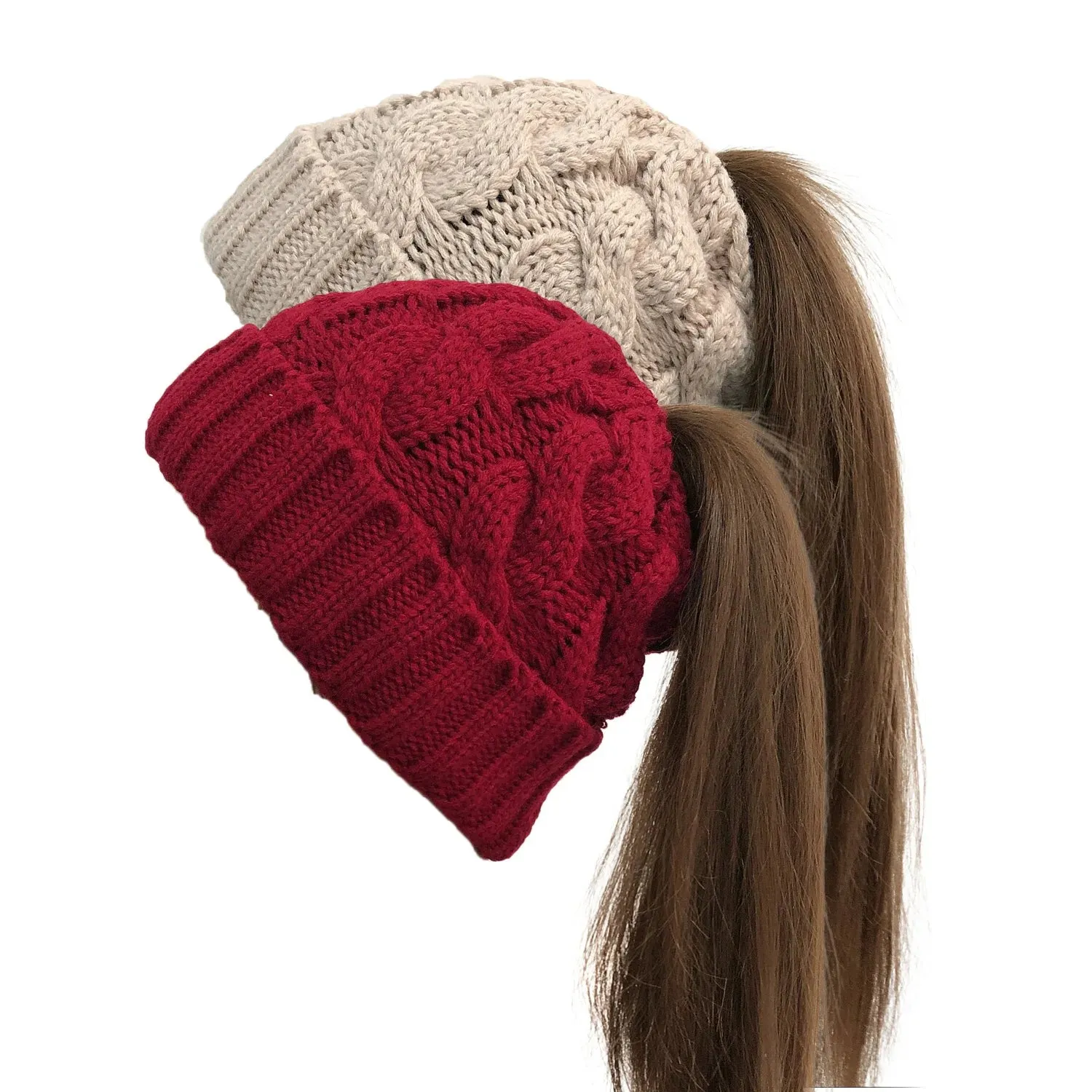 Women's Winter Knitted Beanie with Pompom - Twist Crochet Design, Ear Braid, Ponytail Opening