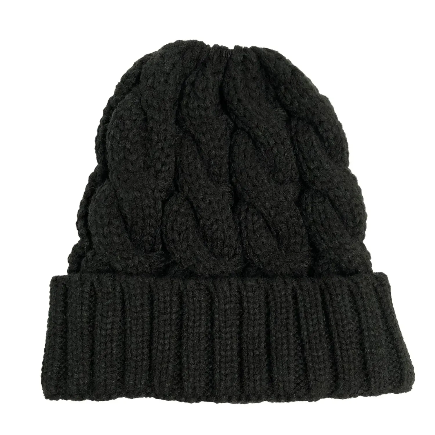 Women's Winter Knitted Beanie with Pompom - Twist Crochet Design, Ear Braid, Ponytail Opening