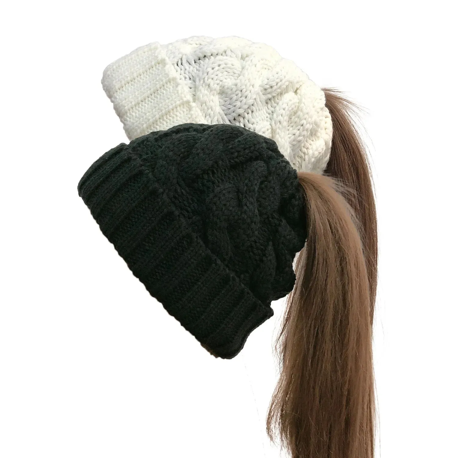 Women's Winter Knitted Beanie with Pompom - Twist Crochet Design, Ear Braid, Ponytail Opening