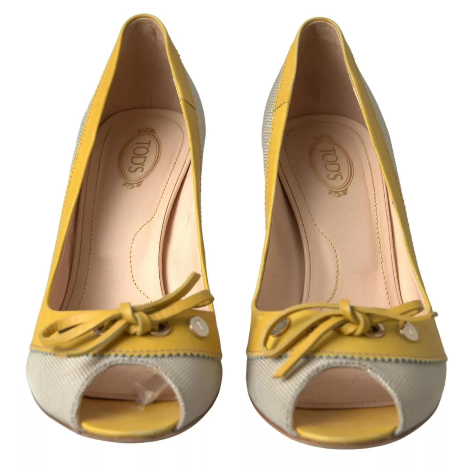 Yellow Off White Peep Toe Heels Pumps Shoes