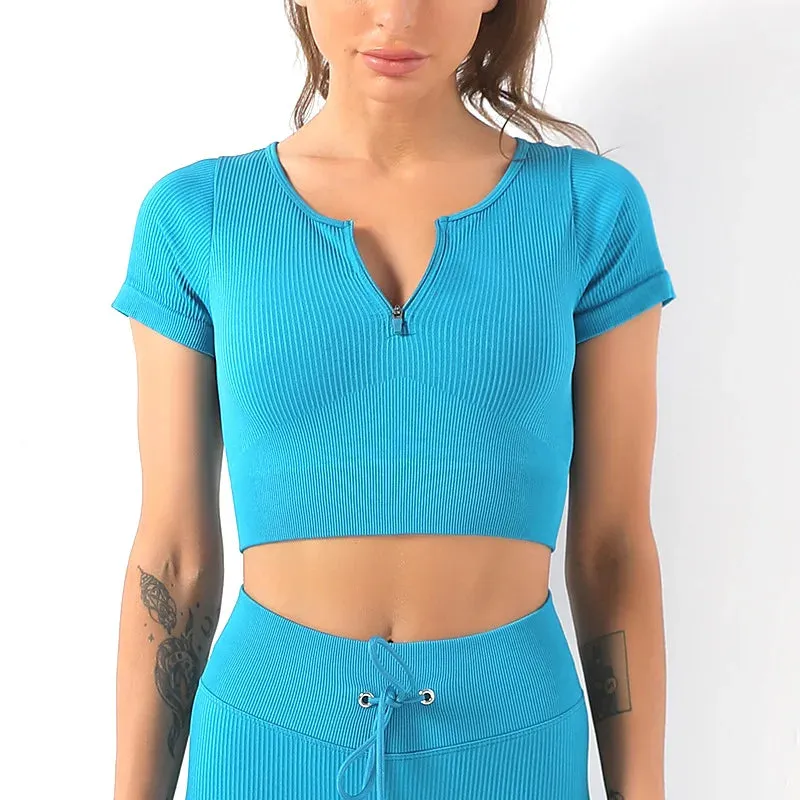 Zipper Seamless Ribbed Yoga Shirt for Women - Short Sleeve Crop Top