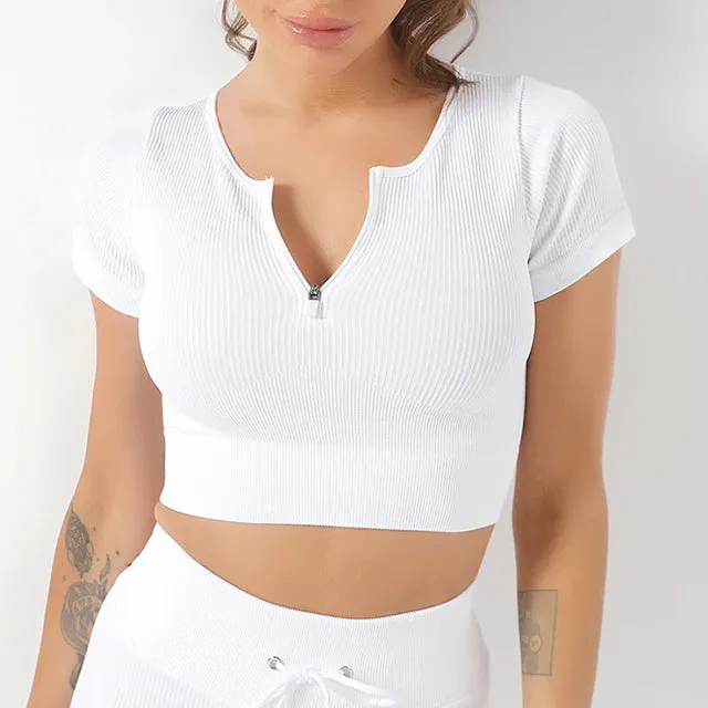 Zipper Seamless Ribbed Yoga Shirt for Women - Short Sleeve Crop Top