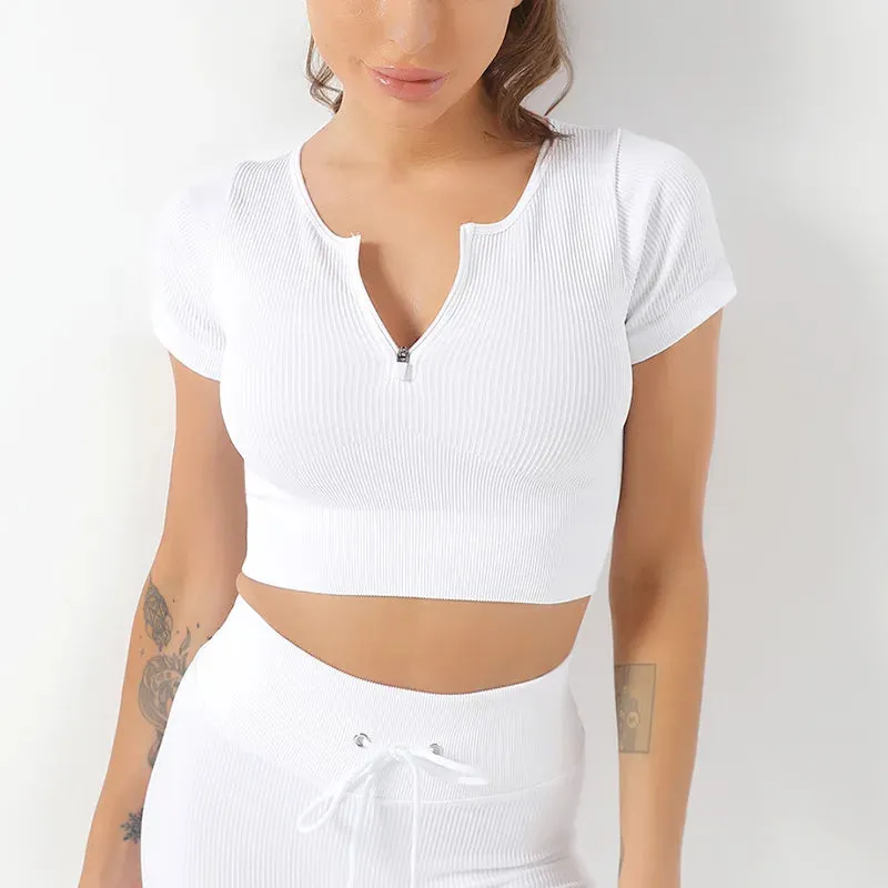 Zipper Seamless Ribbed Yoga Shirt for Women - Short Sleeve Crop Top